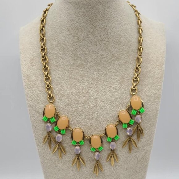 J Crew Peach Green Resin Gold Tone with Fringe Statement Necklace - Picture 1 of 10
